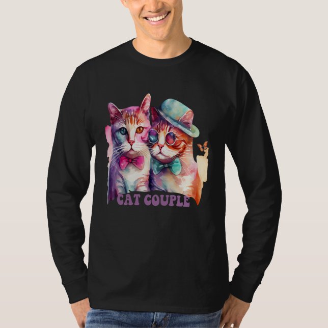 Camiseta Cute Cat Couple With Hat And Glasses For Cat (Frente)
