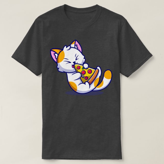 Camiseta Cute Cat Eating Pizza Cartoon (Frente do Design)