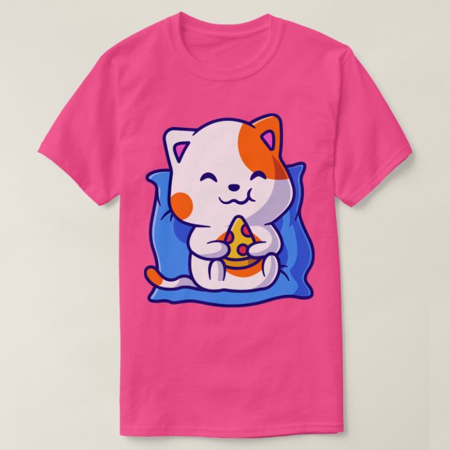 Camiseta Cute Cat Eating Pizza on Pillow Cartoon (Frente do Design)