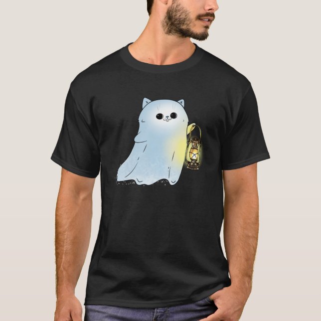 Camiseta Cute Cat Ghost With Lantern Spook Phantom Hallowee (Frente)