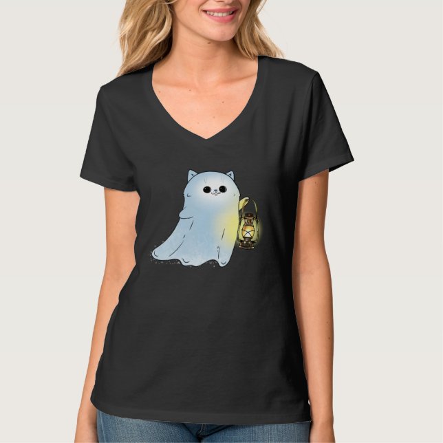 Camiseta Cute Cat Ghost With Lantern Spook Phantom Hallowee (Frente)