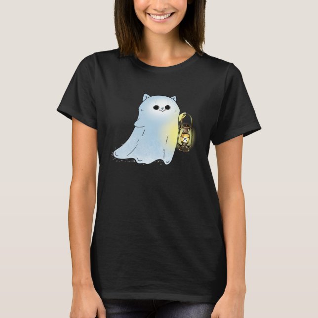 Camiseta Cute Cat Ghost With Lantern Spook Phantom Hallowee (Frente)