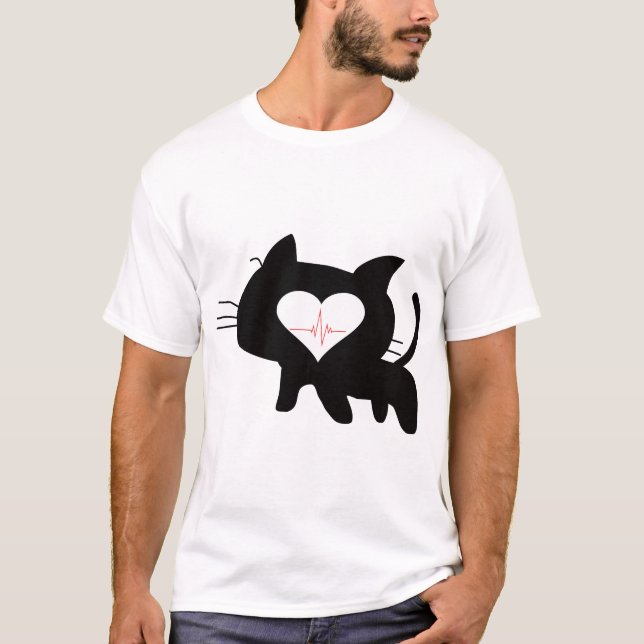 Camiseta Cute Cat Heartbeat Minimalist Black Cat Love (Frente)
