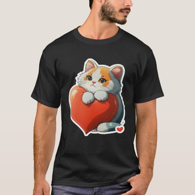 Camiseta Cute Cat Hugging Red Heart for Kitten  and Cats ow (Frente)
