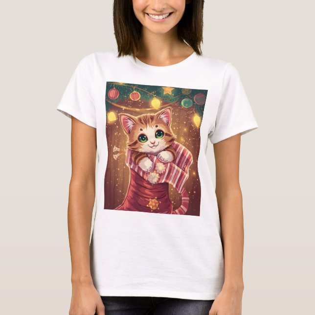 Camiseta Cute Cat in Stocking Christmas Holiday T-Shirt (Frente)