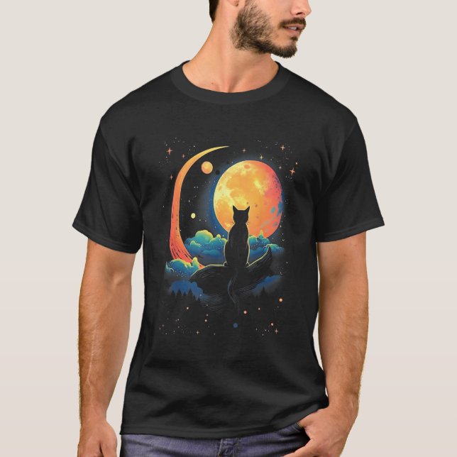 Camiseta Cute Cat Motifs Cat With Moon Night Space Cat (Frente)