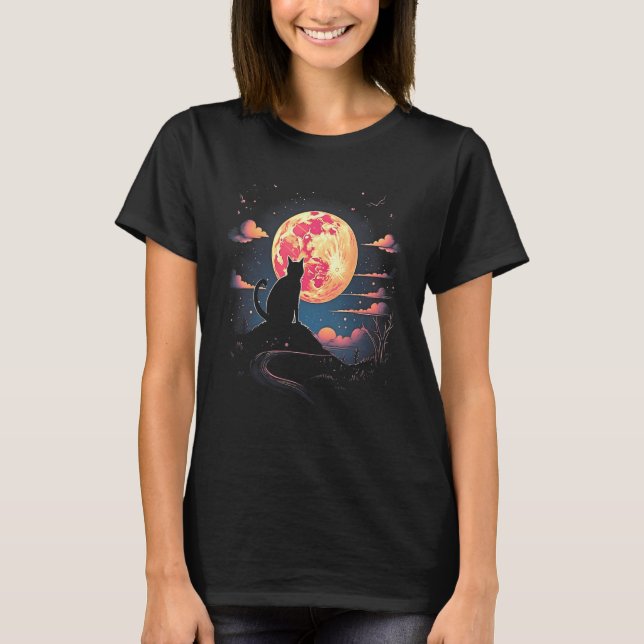 Camiseta Cute Cat Motifs Cat With Moon Night Space Cat  Des (Frente)