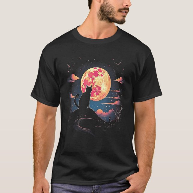 Camiseta Cute Cat Motifs Cat With Moon Night Space Cat  Des (Frente)