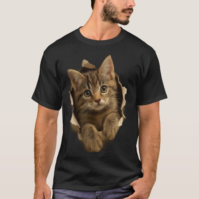 Camiseta Cute Cat Peeking Through Paper Design (Frente)