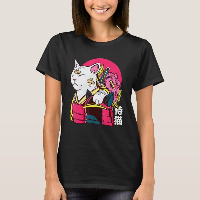 Camiseta Cute Cat Pet Ninja Samurai Japanese Kanji Design (Frente)