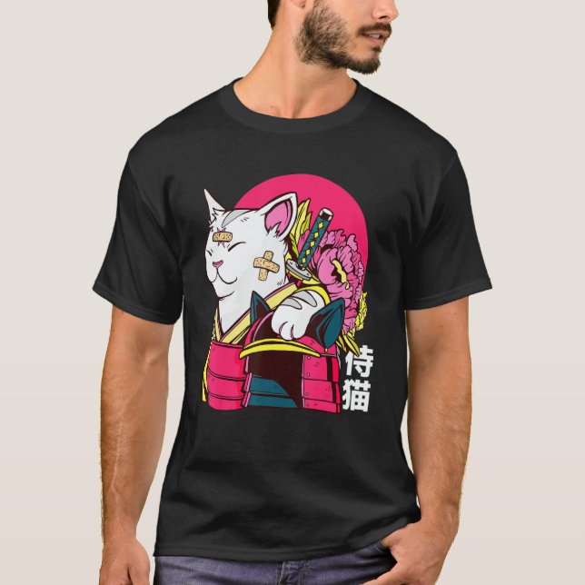 Camiseta Cute Cat Pet Ninja Samurai Japanese Kanji Design (Frente)