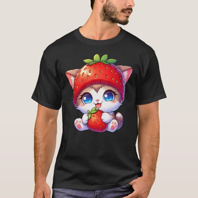 Camiseta Cute Cat Strawberry Fruit Quirky Hat (Frente)
