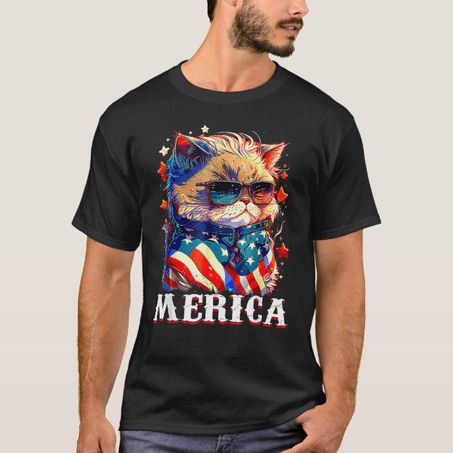 Camiseta Cute Cat Sunglasses American Flag Merica  4th Of J (Frente)