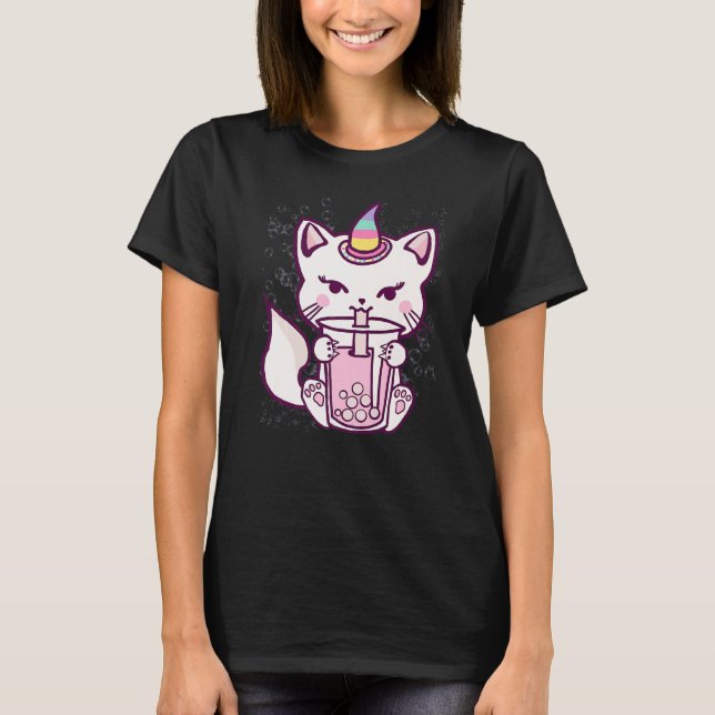 Camiseta Cute Cat Unicorn Drinking Bubble Tea (Frente)