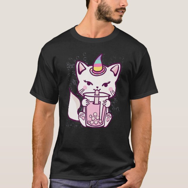 Camiseta Cute Cat Unicorn Drinking Bubble Tea (Frente)