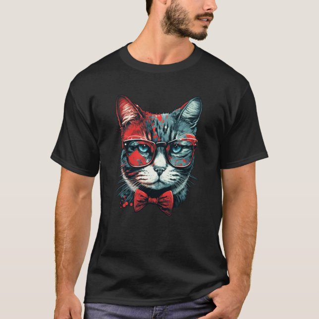 Camiseta Cute Cat wearing bow tie and red sunglasses cat (Frente)