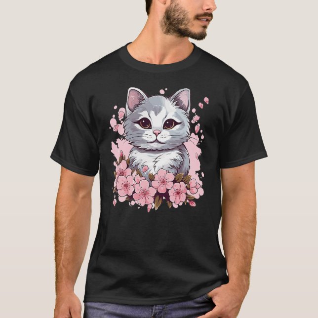 Camiseta Cute Cat With Cherry Blossoms I Kids Cat (4) (Frente)