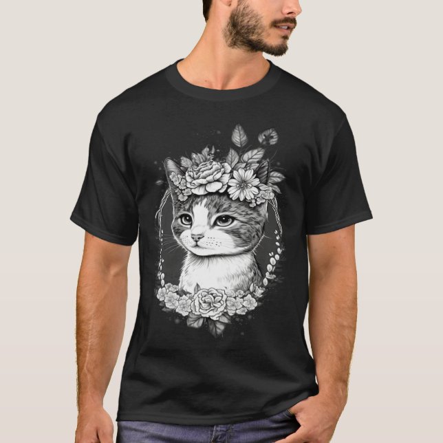 Camiseta Cute Cat with Floral Headband Cat Mom (Frente)