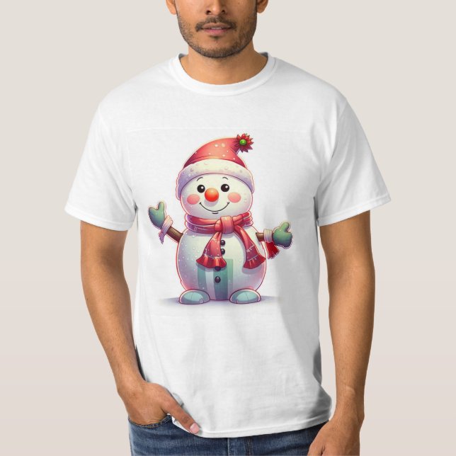 Camiseta Cute Cheerful Snowman Wearing Santa Hat and Scarf (Frente)