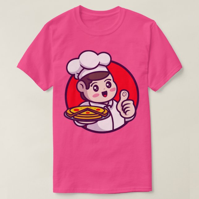 Camiseta Cute Chef Serving Pizza Cartoon (Frente do Design)