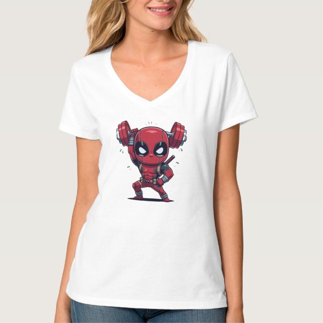 Camiseta Cute Chibi Deadpool Levantando Haltere |  (Frente)