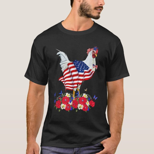 Camiseta Cute Chicken Bow Tie American Flag Flowers Happy 4 (Frente)