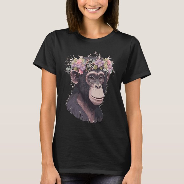 Camiseta Cute Chimp Chimpanzé Coroa de Flor Floral Macaco (Frente)