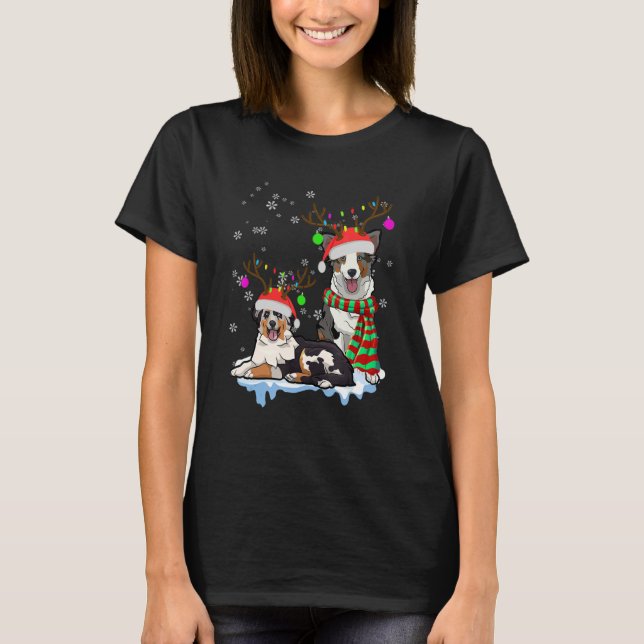 Camiseta Cute Christmas Australian Shepherd Santa Hats Rein (Frente)