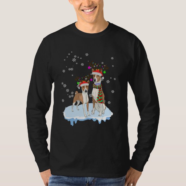Camiseta Cute Christmas Basenji Santa Hats Reindeer Dog (Frente)