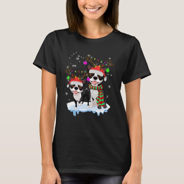 Camiseta Cute Christmas Boston Terrier Santa Hats Reindeer  (Frente)