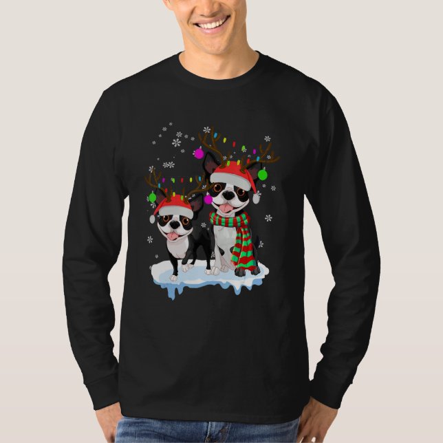 Camiseta Cute Christmas Boston Terrier Santa Hats Reindeer  (Frente)