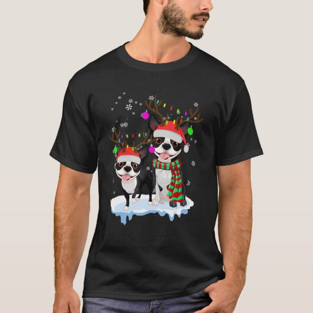 Camiseta Cute Christmas Boston Terrier Santa Hats Reindeer  (Frente)