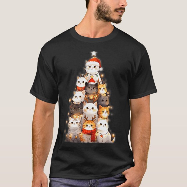 Camiseta Cute Christmas Cats Tree Lights Holiday Kittens Il (Frente)