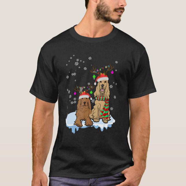 Camiseta Cute Christmas Cocker Spaniel Santa Hats Reindeer  (Frente)
