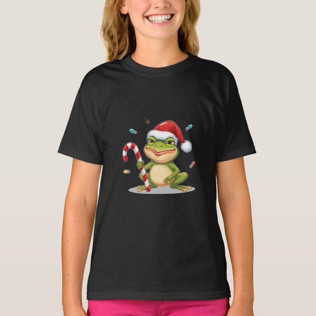 Camiseta Cute Christmas Frog With Candy Cane - Funny Holida (Frente)