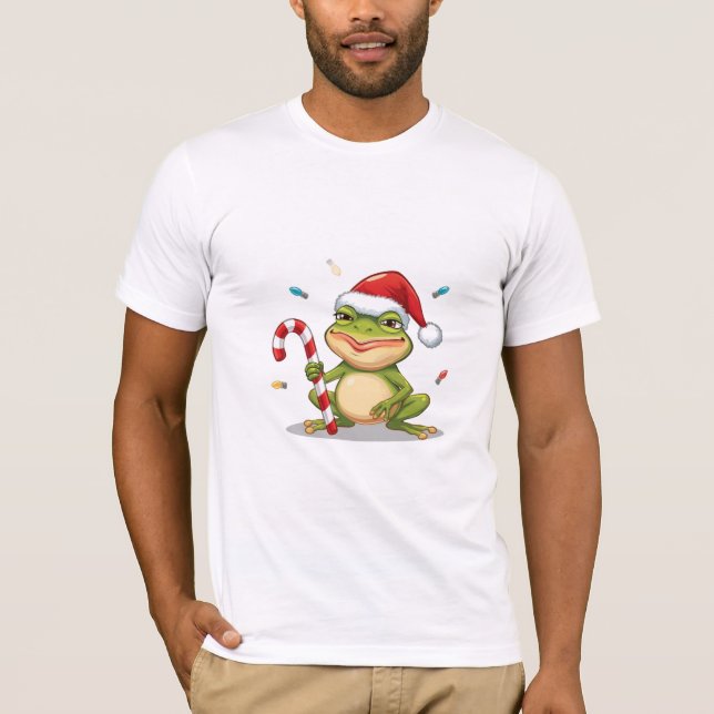 Camiseta Cute Christmas Frog With Candy Cane - Funny Holida (Frente)