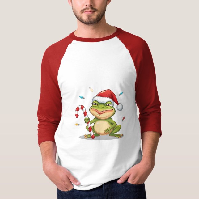 Camiseta Cute Christmas Frog With Candy Cane - Funny Holida (Frente)