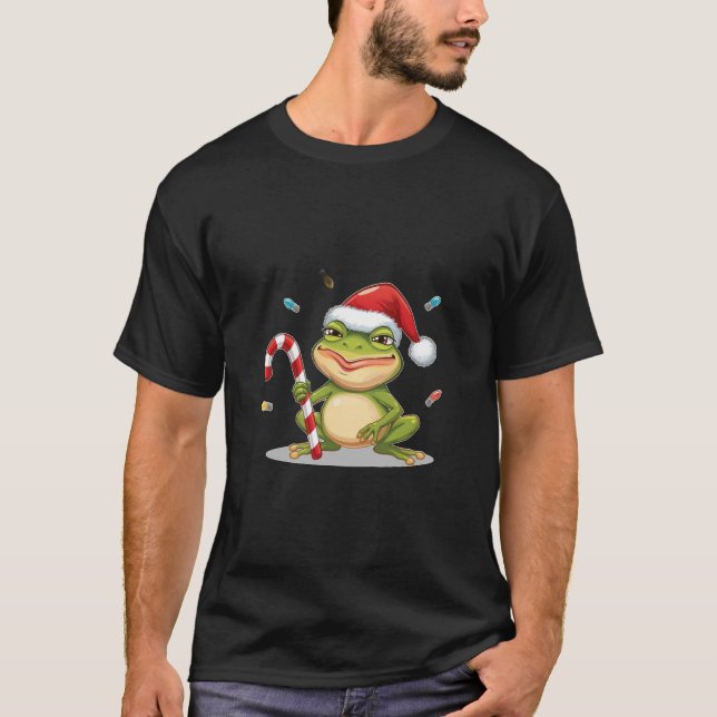 Camiseta Cute Christmas Frog With Candy Cane - Funny Holida (Frente)