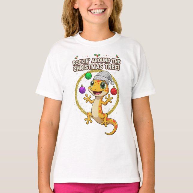Camiseta Cute Christmas Gecko – Rockin’ Around the Tree Hol (Frente)