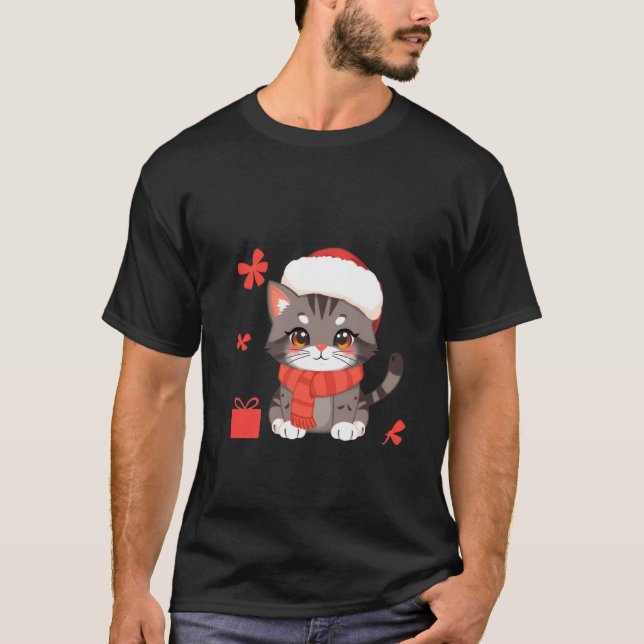 Camiseta Cute Christmas Grey Cat Santa Hat Holiday Art ✨🐾 (Frente)
