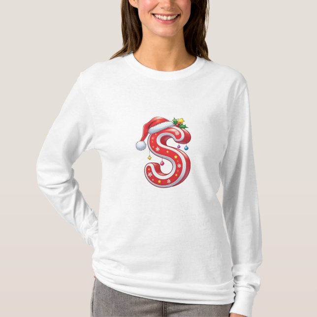 Camiseta Cute Christmas Letter S – Candy Cane Holiday Carto (Frente)