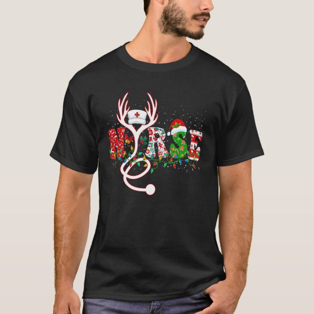 Camiseta Cute Christmas Nurse Reindeer Stethoscope Santa Ha (Frente)