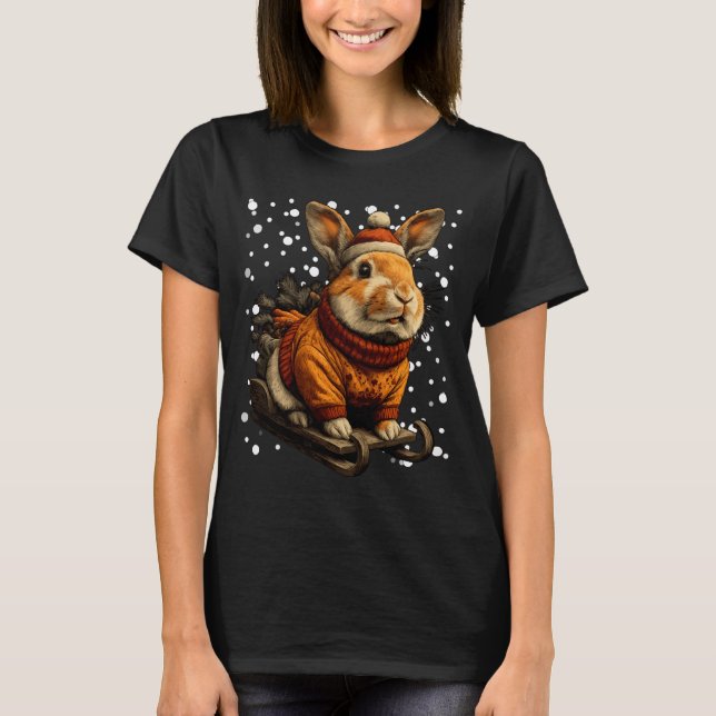 Camiseta Cute Christmas Rabbit Sledding In Snow Funny Winte (Frente)