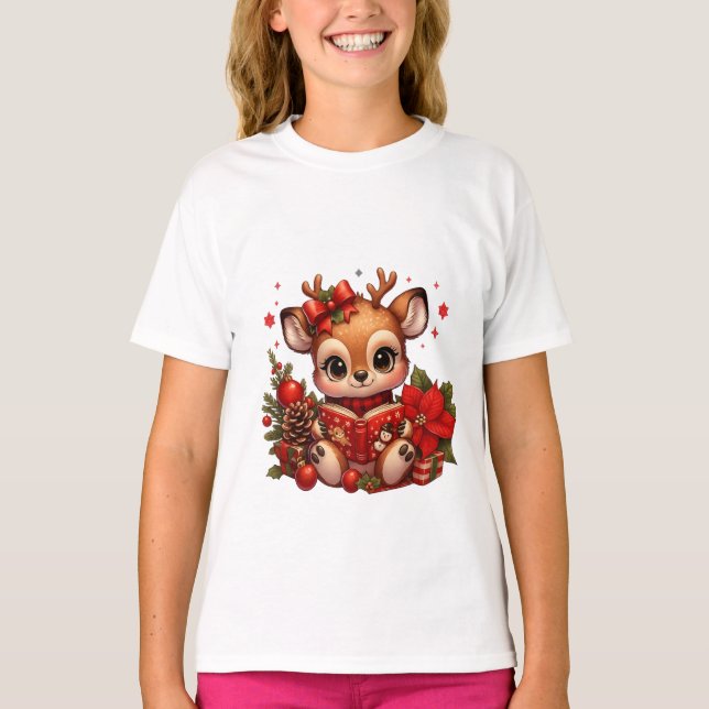 Camiseta Cute Christmas Reindeer Reading Book (Frente)
