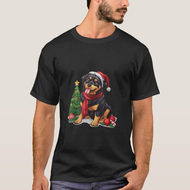 Camiseta Cute Christmas Rottweiler Dog Santa Hat Puppy Mist (Frente)
