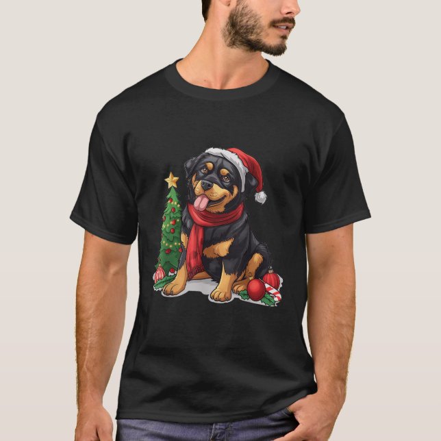 Camiseta Cute Christmas Rottweiler Dog Santa Hat Puppy Mist (Frente)