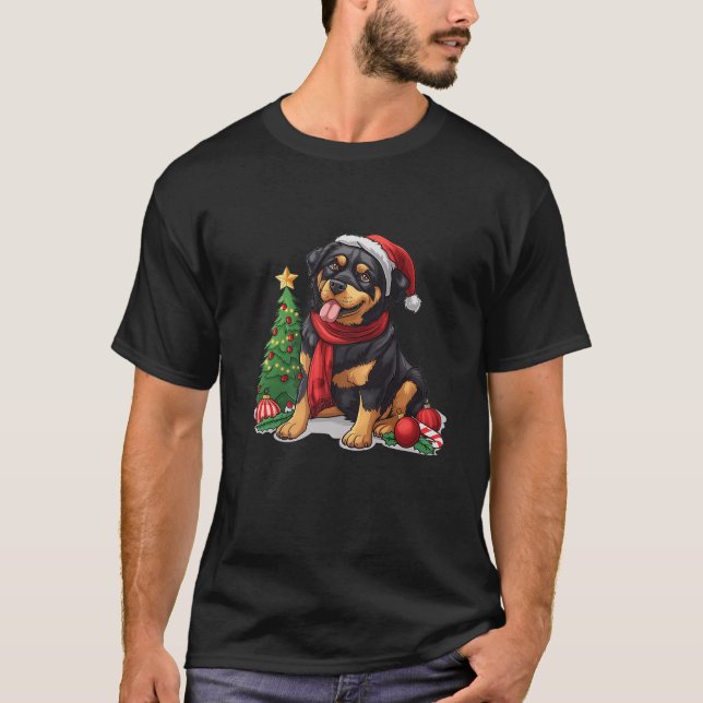 Camiseta Cute Christmas Rottweiler Dog Santa Hat Puppy Mist (Frente)