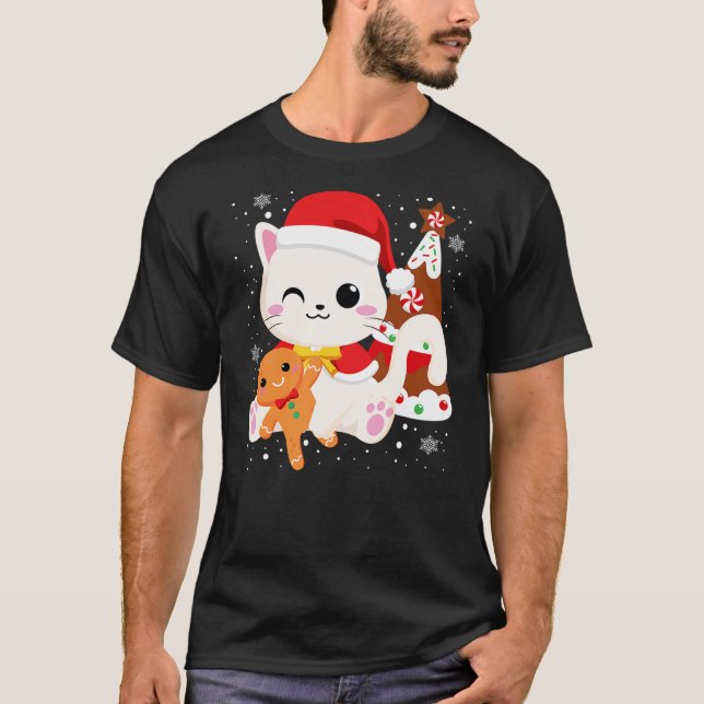 Camiseta Cute Christmas White Cat Gingerbread Xmas Kittens  (Frente)