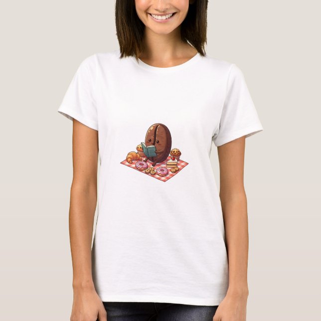 Camiseta Cute Coffee Bean Reading Book at Pastry Picnic (Frente)