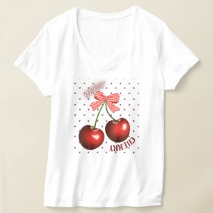 Camiseta Cute Coquette Cherry com Laço Xadrez Rosa